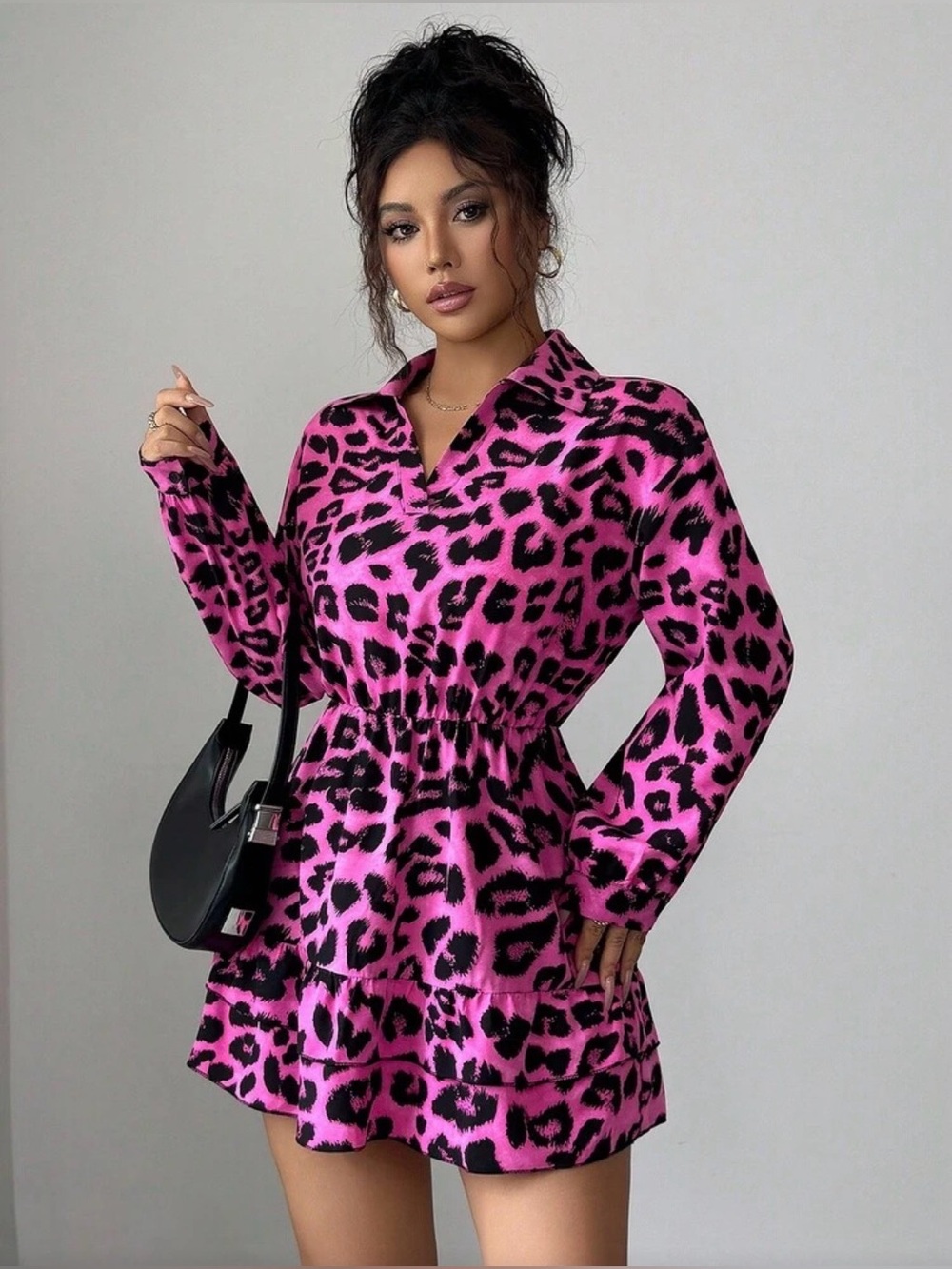 SHEIN Women's Pink Leopard Print Long Sleeve Mini Dress XL